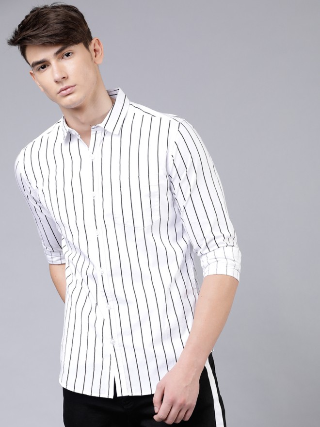 Buy Highlander White & Black Slim Fit Striped Casual Shirt for Men ...