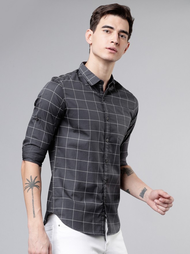 Buy Highlander Charcoal Grey & White Slim Fit Checked Casual Shirt for ...