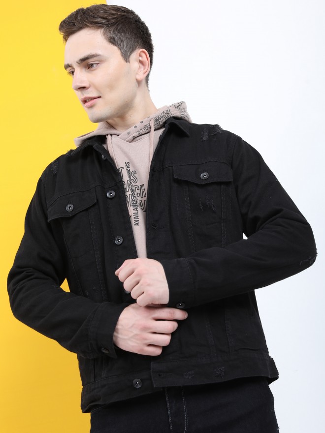 Buy Men's Black Solid Denim Jacket Online at Sassafras
