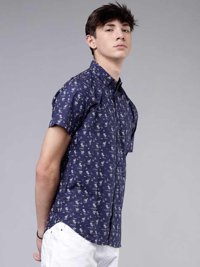 Buy Highlander Navy Blue White Slim Fit Printed Casual Shirt For Men