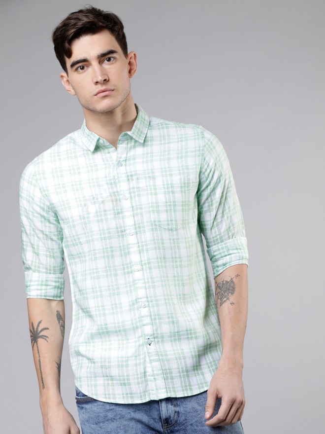 Buy Highlander White And Green Slim Fit Checked Casual Shirt For Men