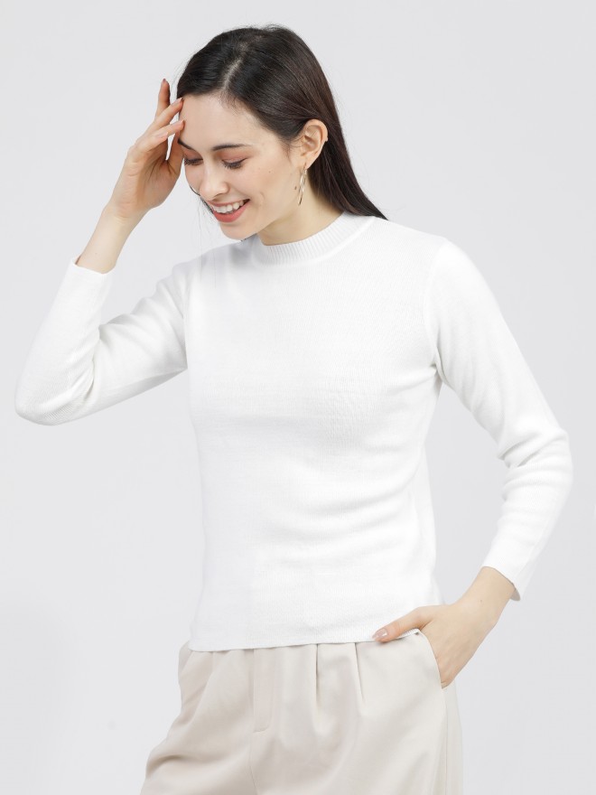 Tokyo Talkies Women Off White Henley Neck Sweaters 