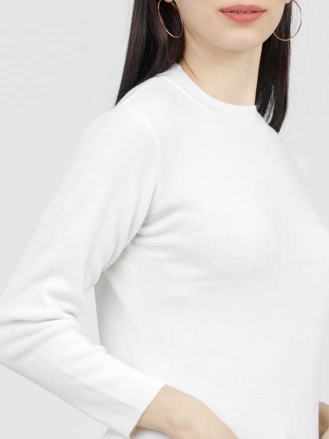 Tokyo Talkies Women Off White Henley Neck Sweaters 