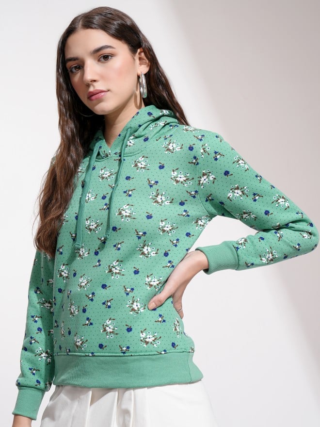 Tokyo Talkies Women Green Printed Pullover Hood Sweatshirts 