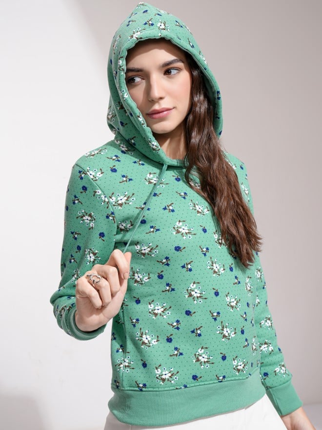 Tokyo Talkies Women Green Printed Pullover Hood Sweatshirts 