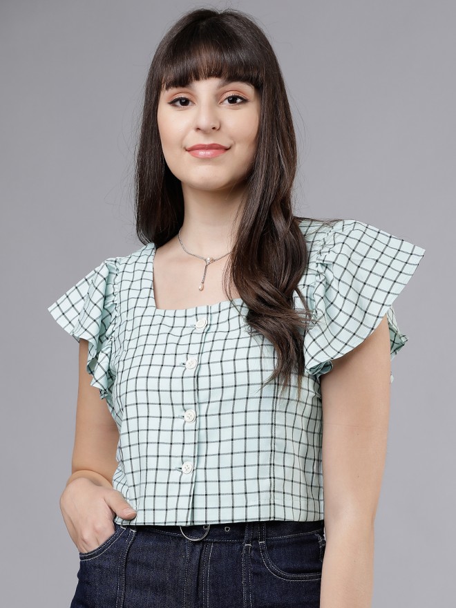 Tokyo Talkies Women Green Checked Regular Tops 