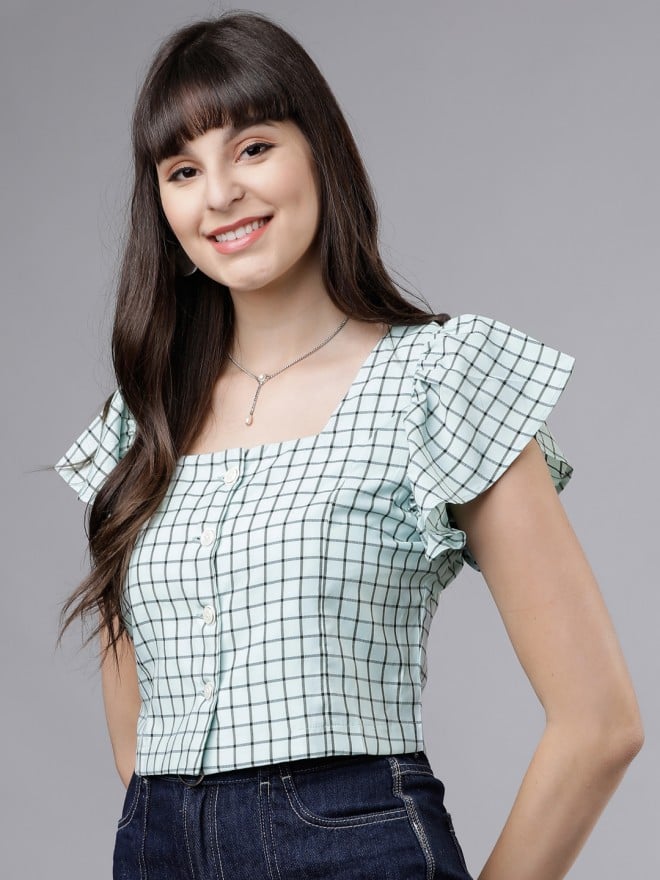 Tokyo Talkies Women Green Checked Regular Tops 