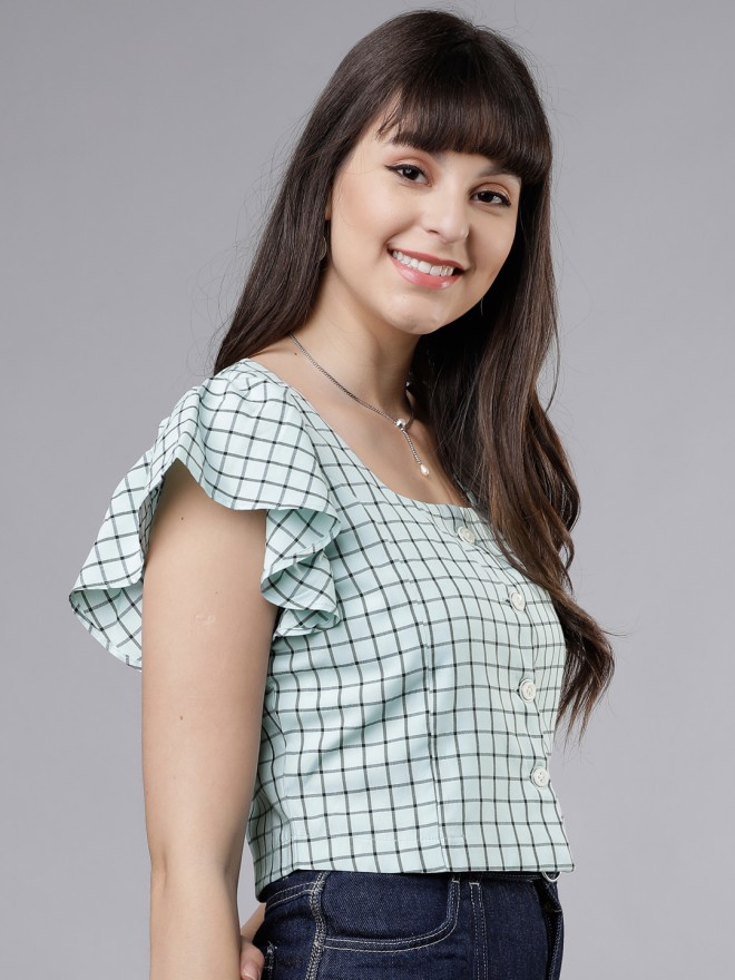 Tokyo Talkies Women Green Checked Regular Tops 