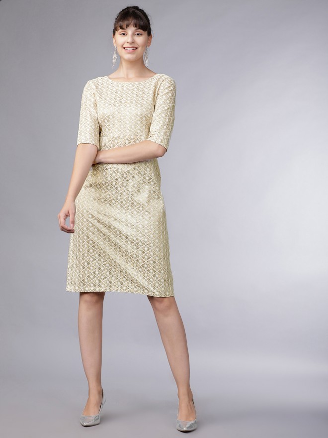 Buy Tokyo Talkies Cream/Gold Printed Straight Sheath Dress for Women Online  at  - Ketch