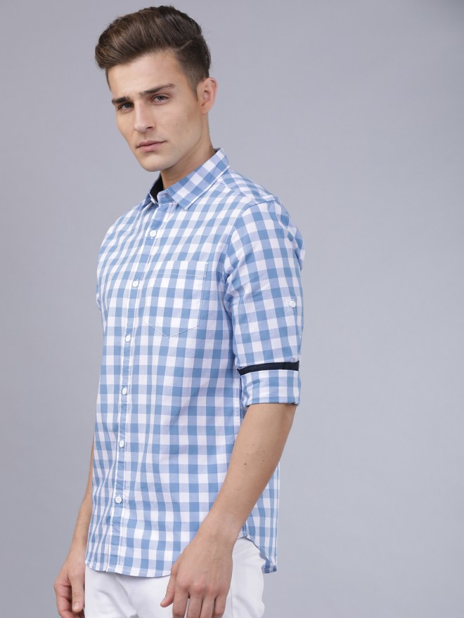 Buy Highlander Blue & White Slim Fit Checked Casual Shirt for Men ...