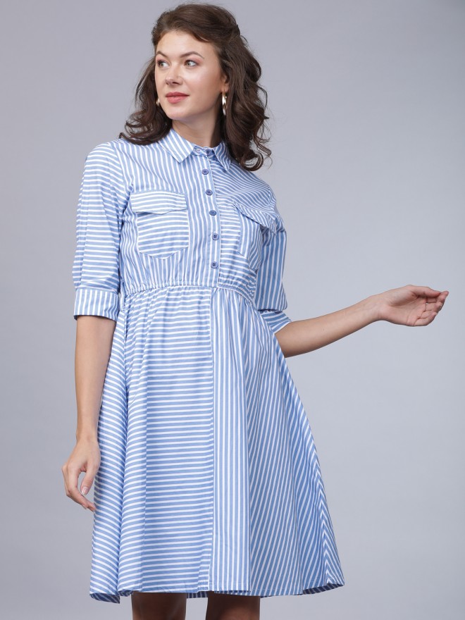 Blue Casual Striped Flared Shirt Dress ...