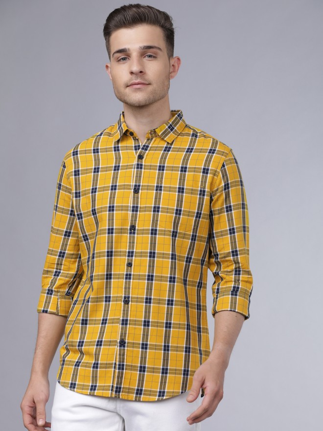 Buy Highlander Yellow & Navy Blue Slim Fit Checked Casual Shirt for Men ...