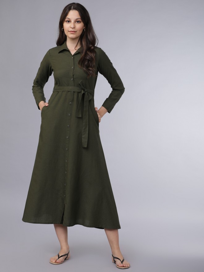 Buy Tokyo Talkies Olive Solid Flared Shirt Dress for Women Online at Rs.699  - Ketch