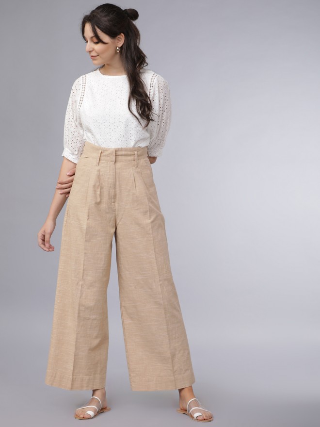 Tokyo Talkies Women Beige Printed Regular Fit Casual Trousers