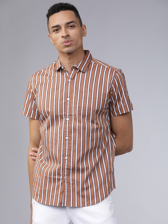 Buy Highlander Brown & White Slim Fit Striped Casual Shirt for Men ...