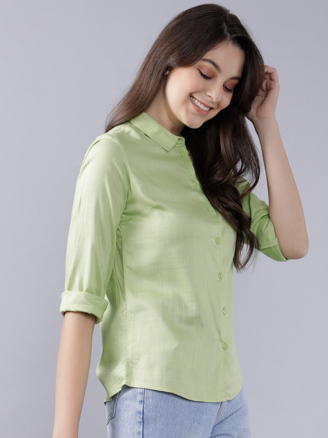 Buy Tokyo Talkies Green Regular Fit Solid Casual Shirt for Women Online ...