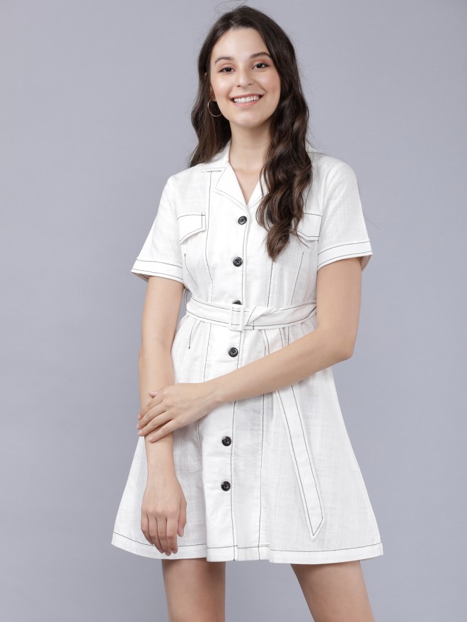 Casual Solid Flared Shirt Dress ...