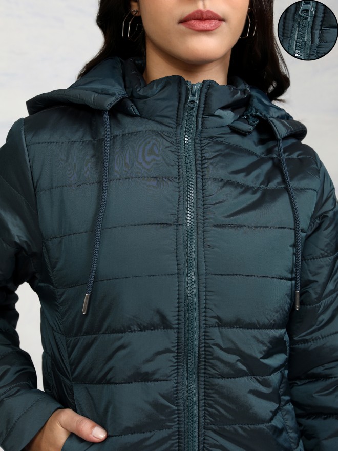 Tokyo Talkies Women Teal Puffer  Jackets 