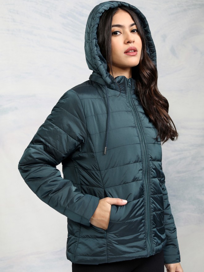 Tokyo Talkies Women Teal Puffer  Jackets 