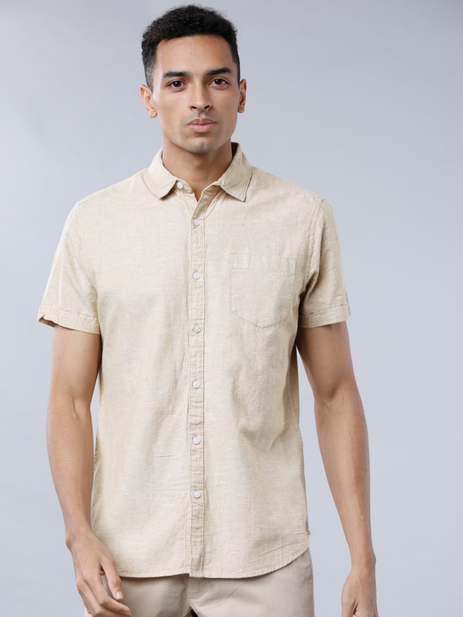 Buy Men Beige Slim Fit Solid Full Sleeves Casual Shirt Online