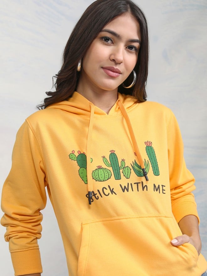 Tokyo Talkies Women Yellow Printed Pullover Hood Sweatshirts 