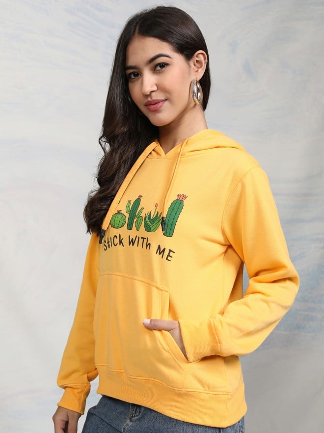 Tokyo Talkies Women Yellow Printed Pullover Hood Sweatshirts 