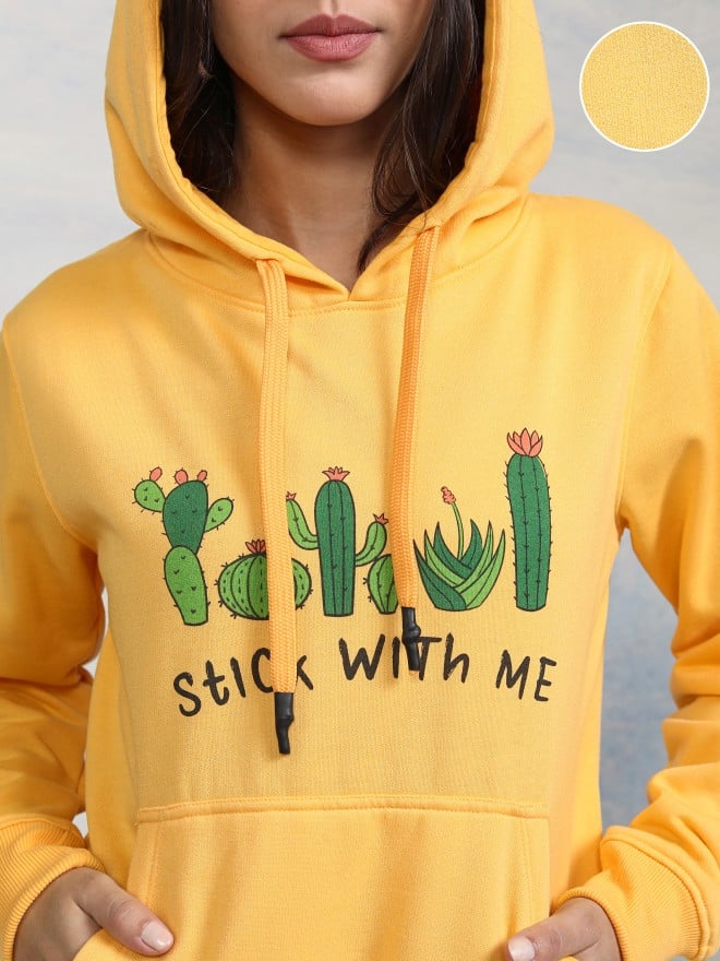 Tokyo Talkies Women Yellow Printed Pullover Hood Sweatshirts 