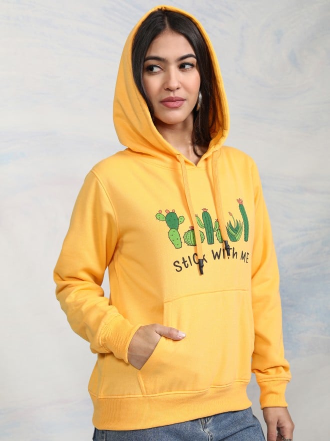 Tokyo Talkies Women Yellow Printed Pullover Hood Sweatshirts 