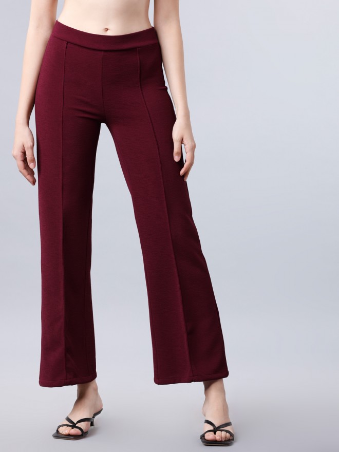 Women Maroon Regular Fit Solid Casual Trousers