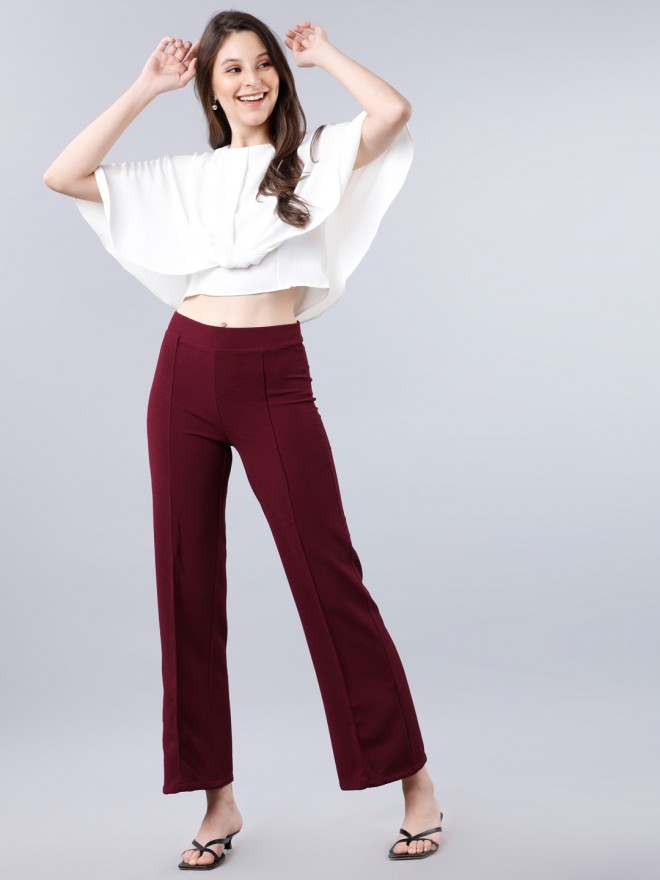Women Maroon Regular Fit Solid Casual Trousers