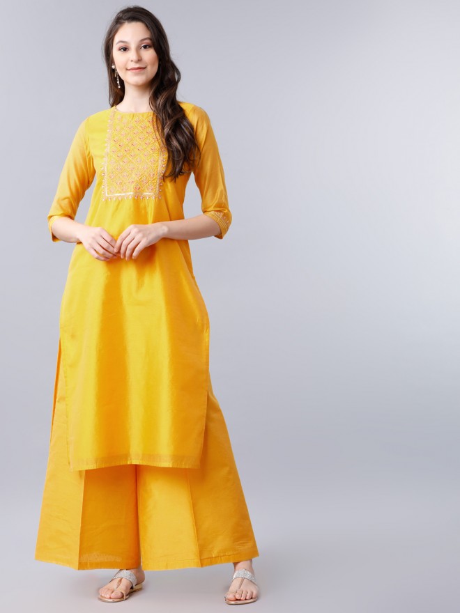 Buy Vishudh Yellow Ethnic Motifs Printed Straight Kurta with Palazzo ...