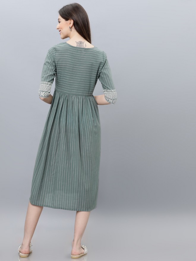 Buy Vishudh Dusty Green/Cream Striped Flared A-Line Dress for Women ...
