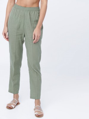 Womens Olive Green and White Striped Regular Trousers