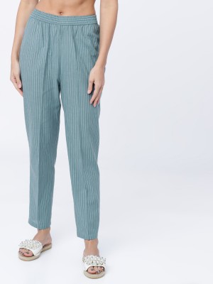 Womens Green and White Striped Straight Regular Trousers