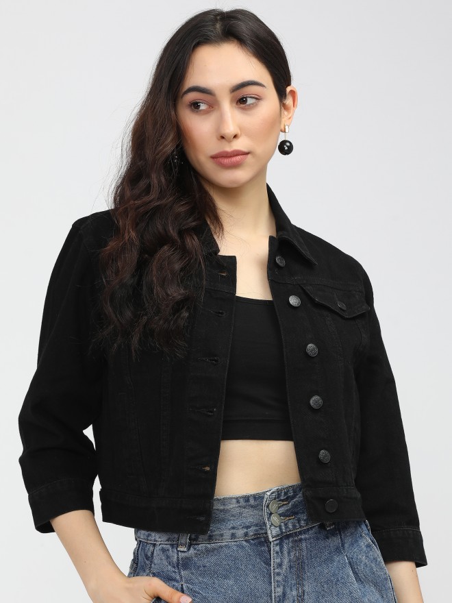Unique Bargains Women's Button Down Long Sleeve Cropped Denim Jacket S Black  - Walmart.com