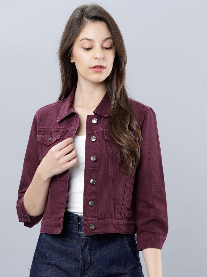 Buy Tokyo Talkies Burgandy Regular Fit Denim Jacket for Women Online at ...