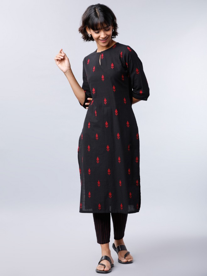 Buy Vishudh Black & Red Ethnic Motifs Printed Straight Kurta with ...