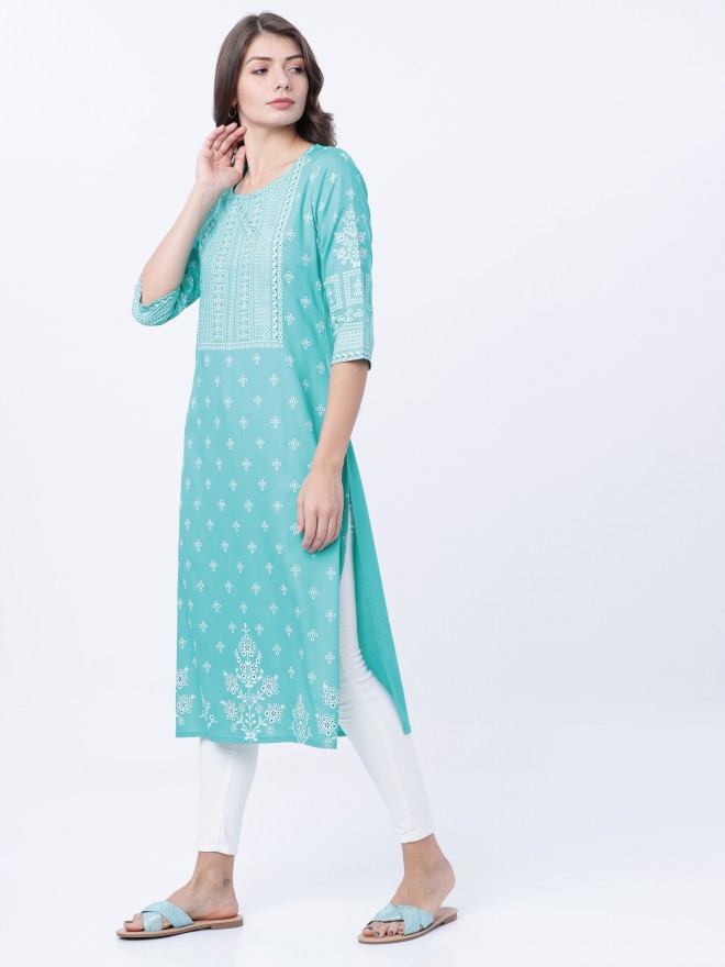 Buy Vishudh Turquoise Blue Ethnic Motifs Printed Straight Kurta For