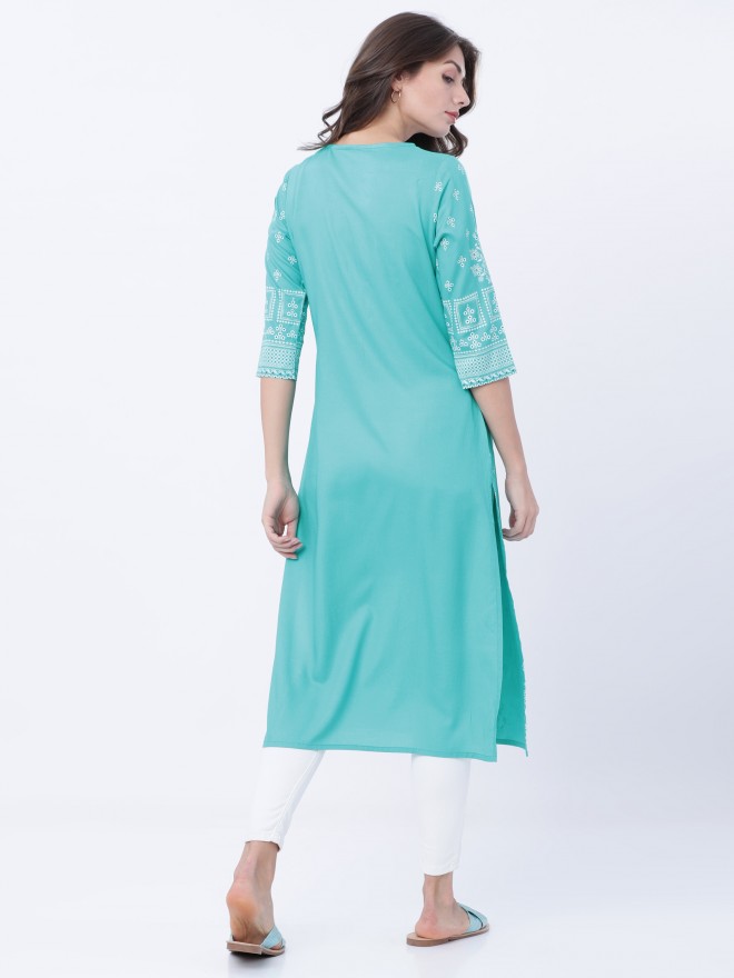 Buy Vishudh Turquoise Blue Ethnic Motifs Printed Straight Kurta For