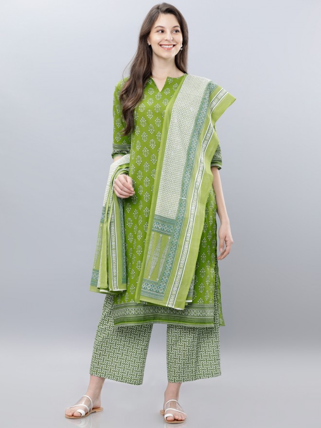 Buy Vishudh Green & Off White Ethnic Motifs Printed Straight Kurta with  Palazzo & Dupatta for Women Online at Rs.1149 - Ketch