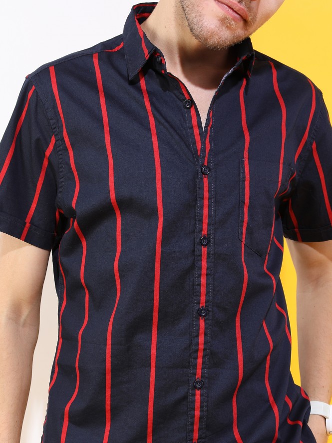 red and navy blue shirt