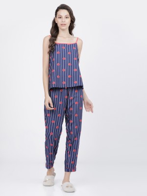 Navy Blue/Red Printed Cami Top With Lounge Pant