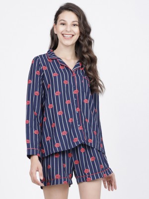 Navy Blue/Red Printed Sleep Shirt With Lounge Short