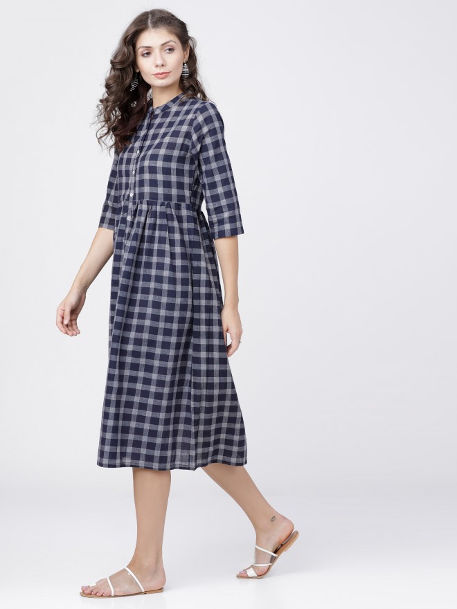 Buy Vishudh Navy Blue/Off-White Checked A-Line Dress for Women Online ...