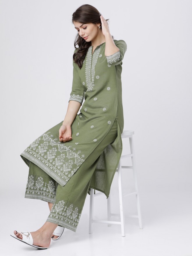 Buy Vishudh Green & Off White Ethnic Motifs Printed Straight Kurta with  Palazzo for Women Online at Rs.859 - Ketch