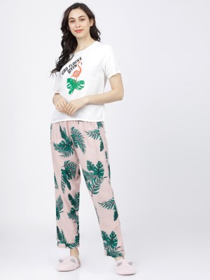 White/Blue/Coral Printed Top With Lounge Pant