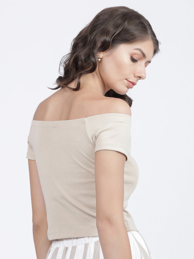 Buy Tokyo Talkies Beige Off Shoulder Short Sleeve Knited Tops For Women