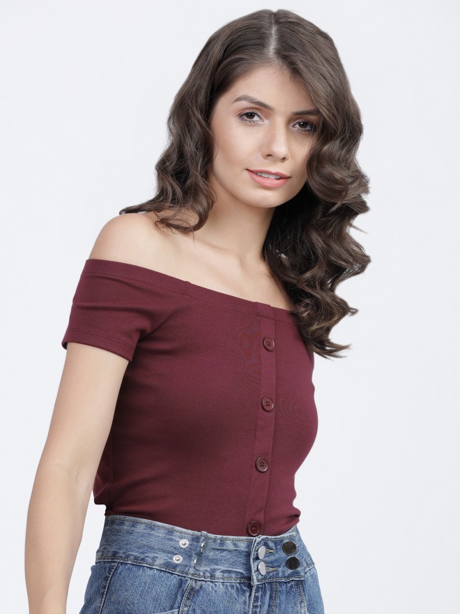 Tokyo Talkies Women Burgundy Solid Regular Tops 