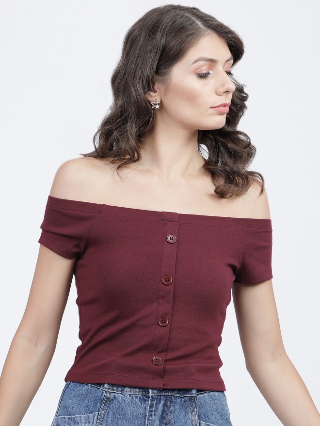 Tokyo Talkies Women Burgundy Solid Regular Tops 