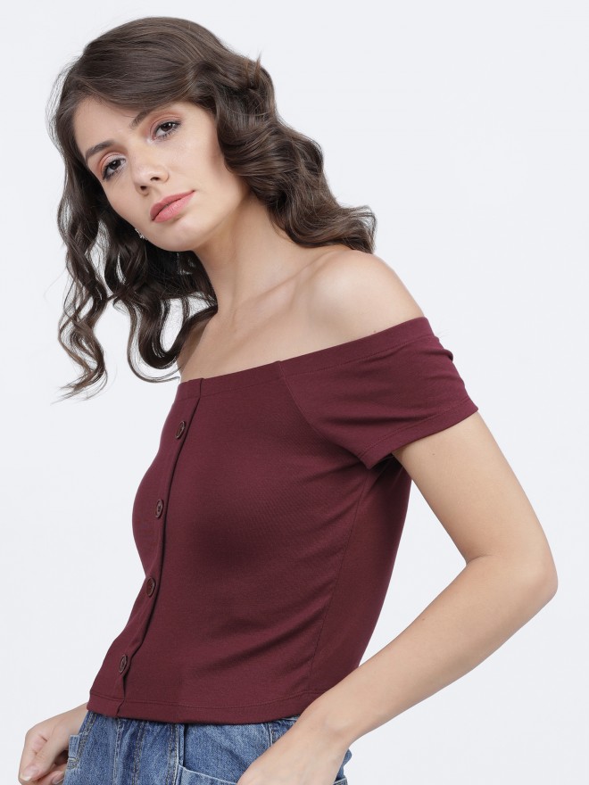 Tokyo Talkies Women Burgundy Solid Regular Tops 